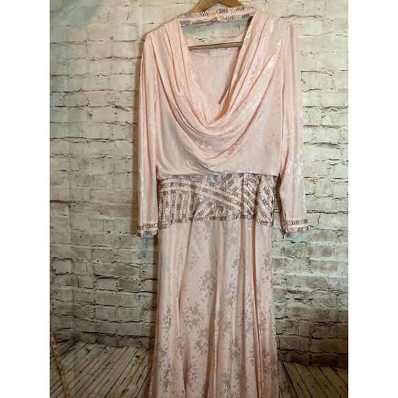 Vintage d'ore Silk Dress Women 14 Pale Pink Beaded Draped Made In Hong Kong 90s - Picture 15 of 16
